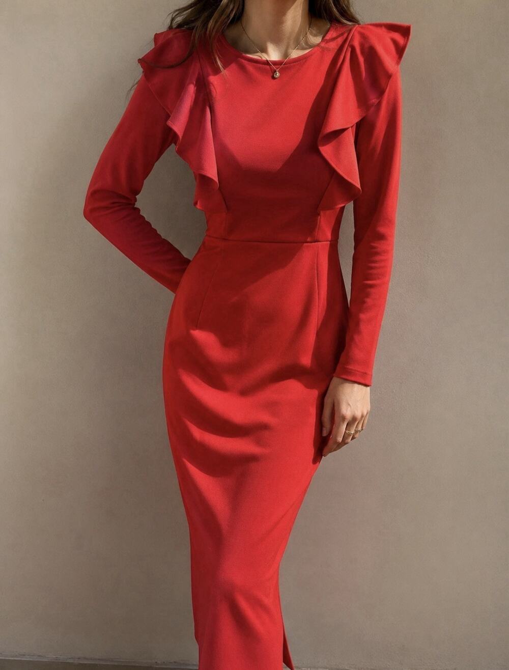 RP Rachel Parcell Red Ruffle Shoulder Midi Dress Long Sleeve Elegant Large